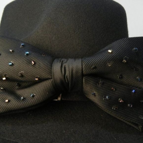 Boho Fedora woman's fancy big bow hat, Black fedora with black beaded bow handma - Picture 3 of 3